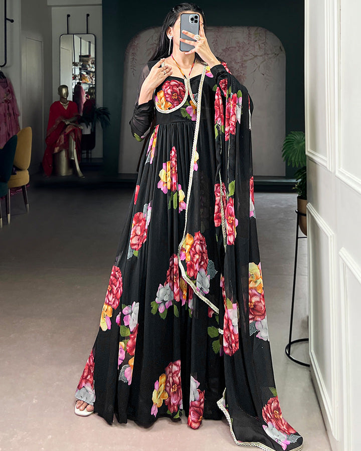 Black Color All Over Floral Printed Chiffon Gown