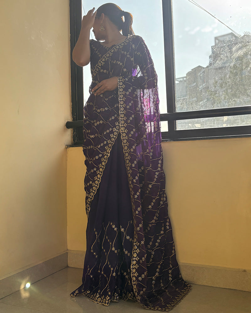 Purple Color Space Silk Embroidered Saree