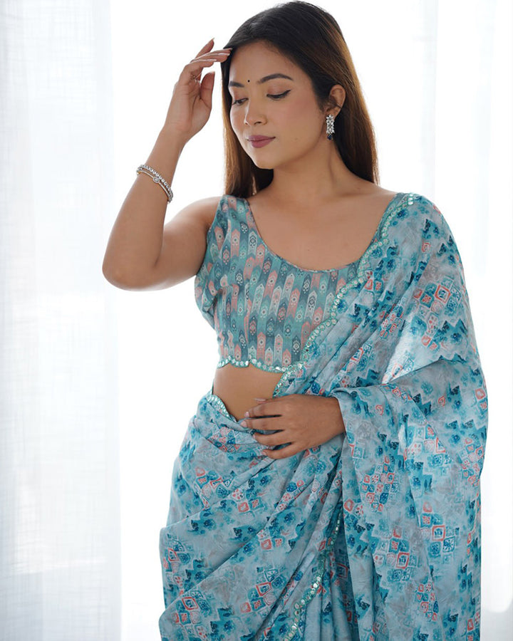 Sky Color Chinnon Silk Printed Saree