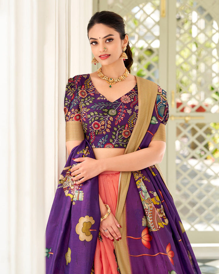 Peach Color Dola Silk Designer Kalamkari Print Half Saree