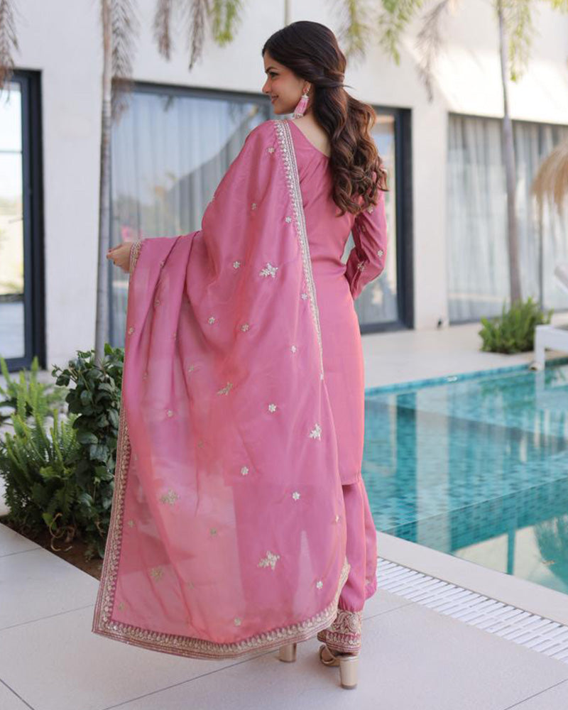 Pink Color Ho Silk Embroidered Kurti Suit