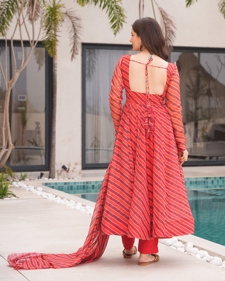 Orange And Brown Color Tabby Organza Three Piece Anarkali Suit