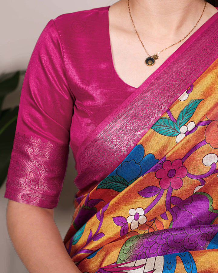 Mustard Color Tasar Silk Ethnic Printed Saree