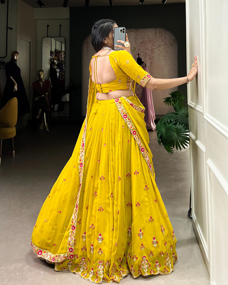 Designer Yellow Color Star Georgette Lehenga Choli