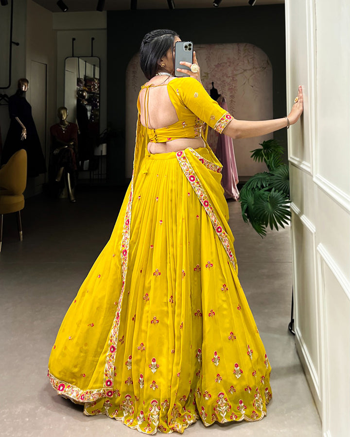 Designer Yellow Color Star Georgette Lehenga Choli