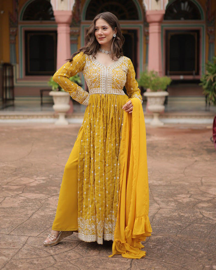 Yellow Color faux Georgette Embroidered Sharara Suit