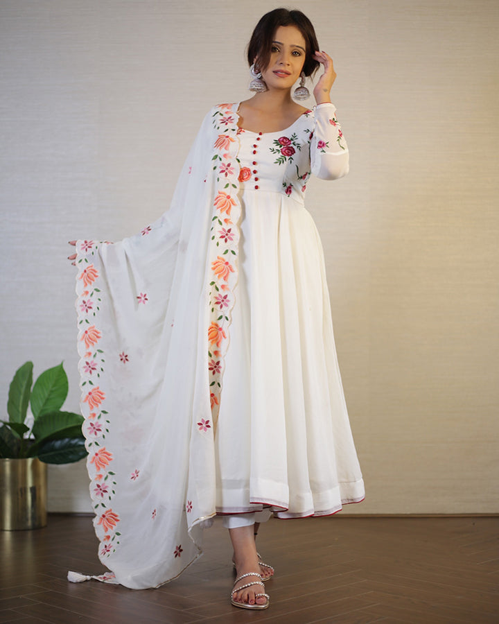 Off-White Color Georgette Anarkali With Pant And Dupatta