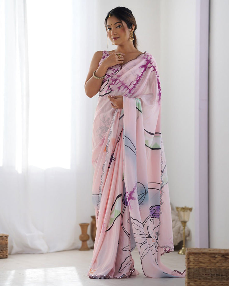 Baby Pink Color Chinnon Silk Printed Saree