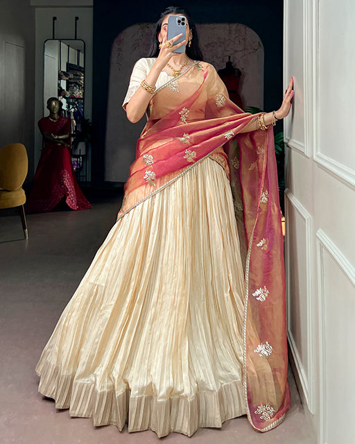 Off White Color Poly Kotha Tussar Zari Weaving Half Saree