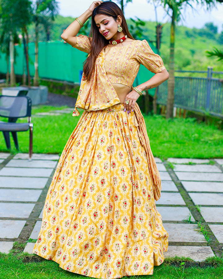 Mustard Yellow Color Chanderi Cotton printed lehenga Choli