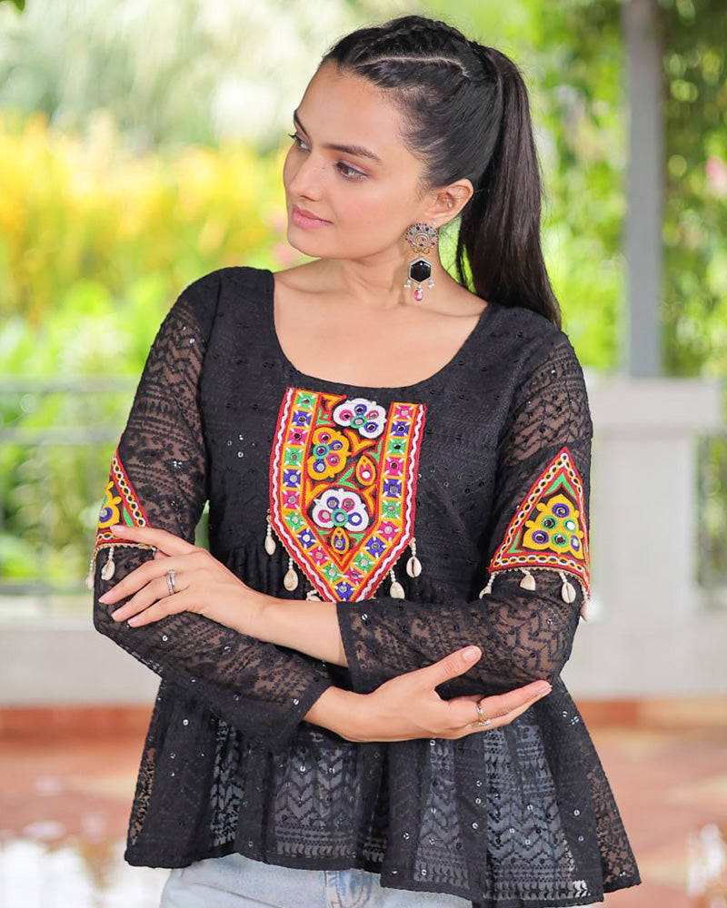 Black Color Georgette Lucknowi Work Navratri Kediya