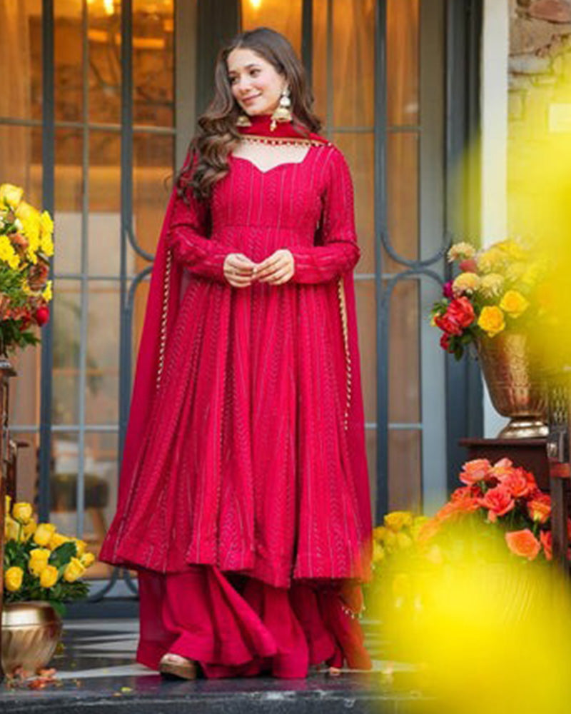 Rani Pink Color Georgette Embroidered Sharara Suit