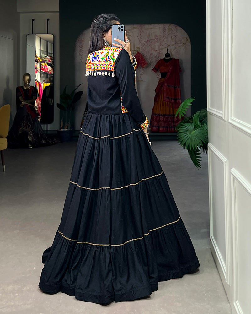 Black Color Pure Rayon Frill And Gamthi Work Navratri Lehenga Choli