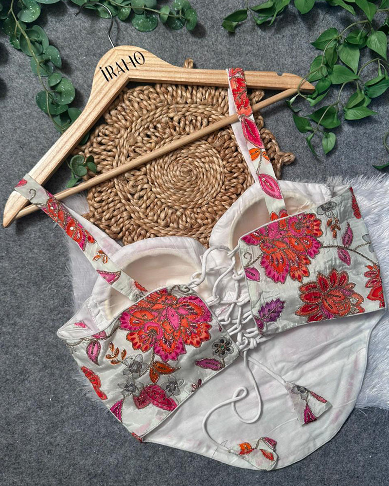 White Color Rumali Silk Embroidered Spaghetti Blouse