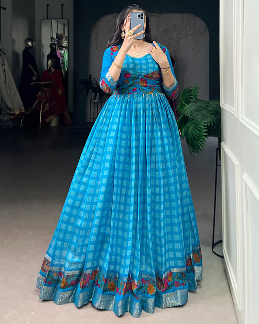 Designer Sky Blue Color Polyster Viscose Chanderi Gown