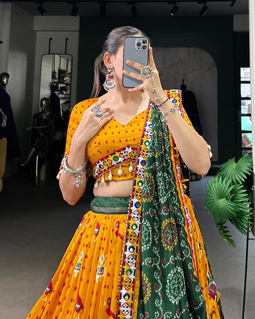 Patola Printed Mustard Color Tussar Silk Navratri Lehenga Choli