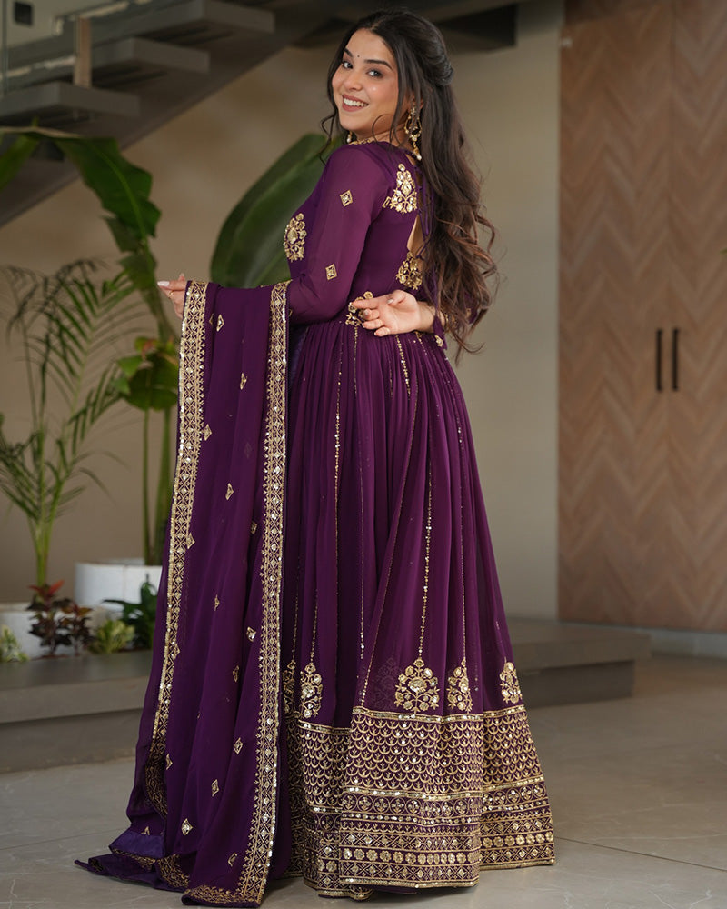Royal Purple Color Faux Blooming Gown With Embroidered Dupatta