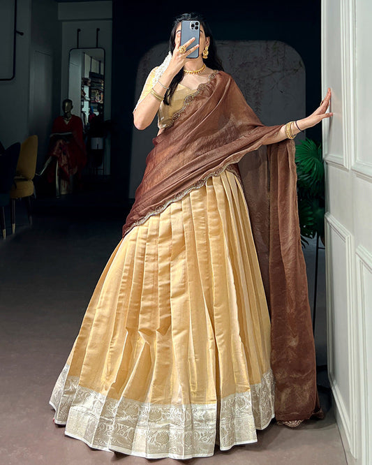 South Indian Style Cream Color Kanchipuram Half Saree