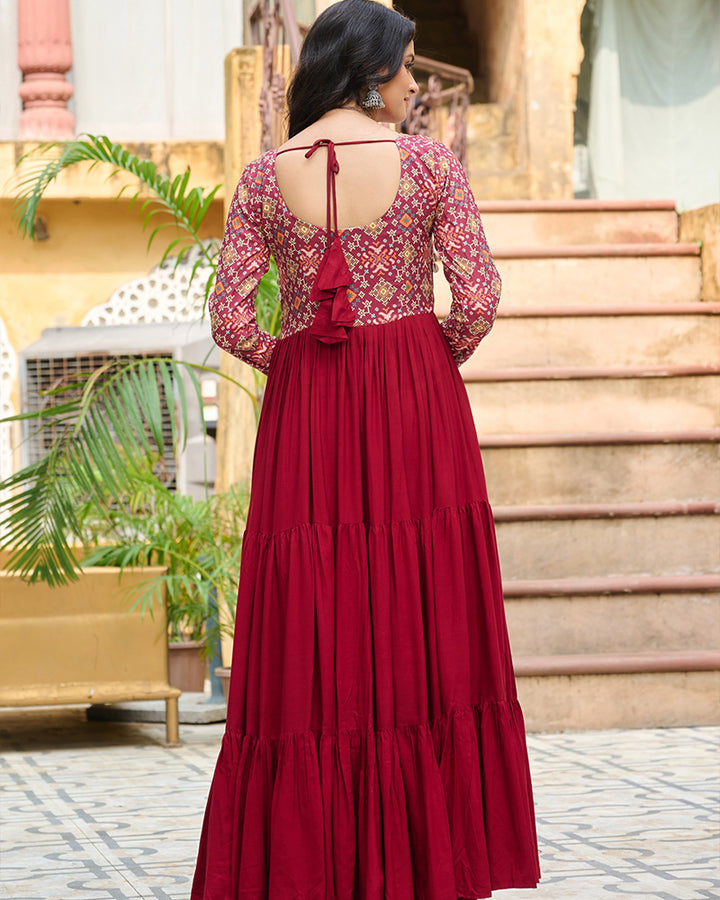 Full Flair Maroon Rayon Gown With Multicolor Embroidery