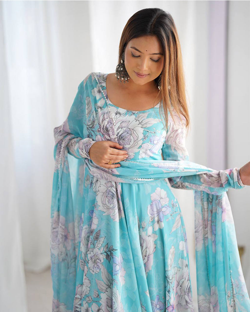 Sky Blue Color Georgette Floral Printed Gown