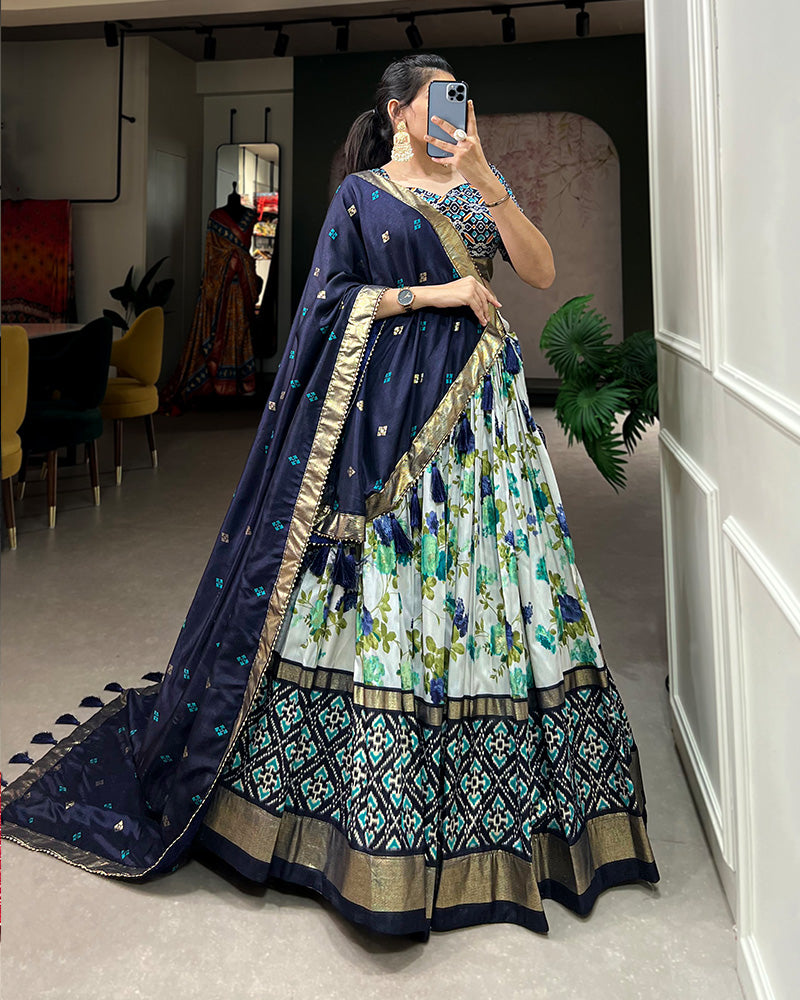 Navy Blue Color Floral And Patola Print Tussar Silk Lehenga Choli