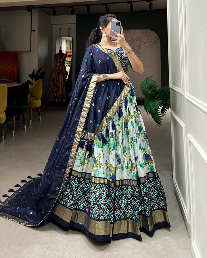 Navy Blue Color Floral And Patola Print Tussar Silk Lehenga Choli