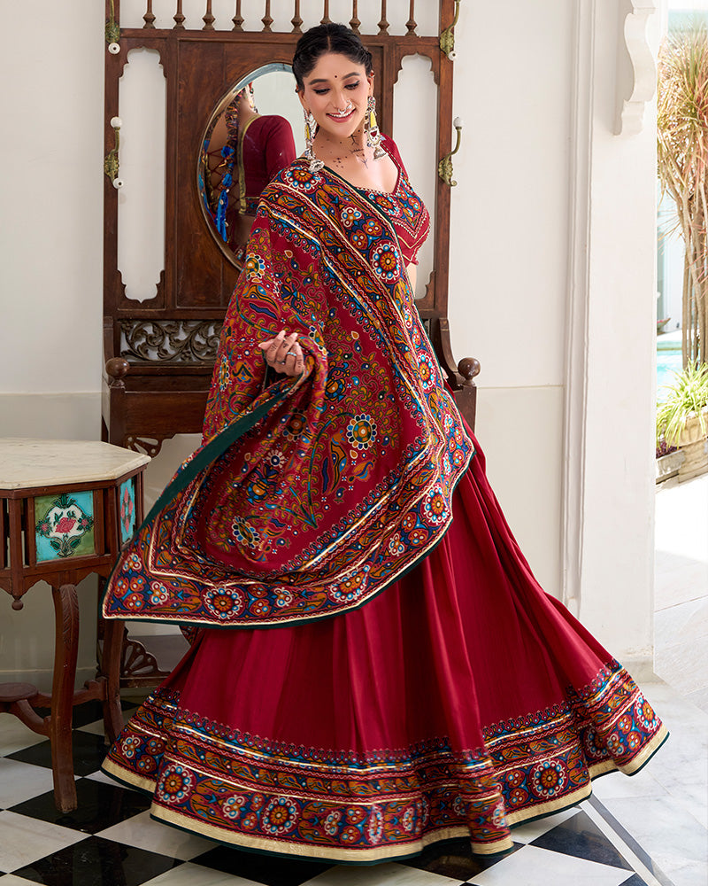 Red Color Tasar Silk Gamthi Printed Navratri Lehenga Choli