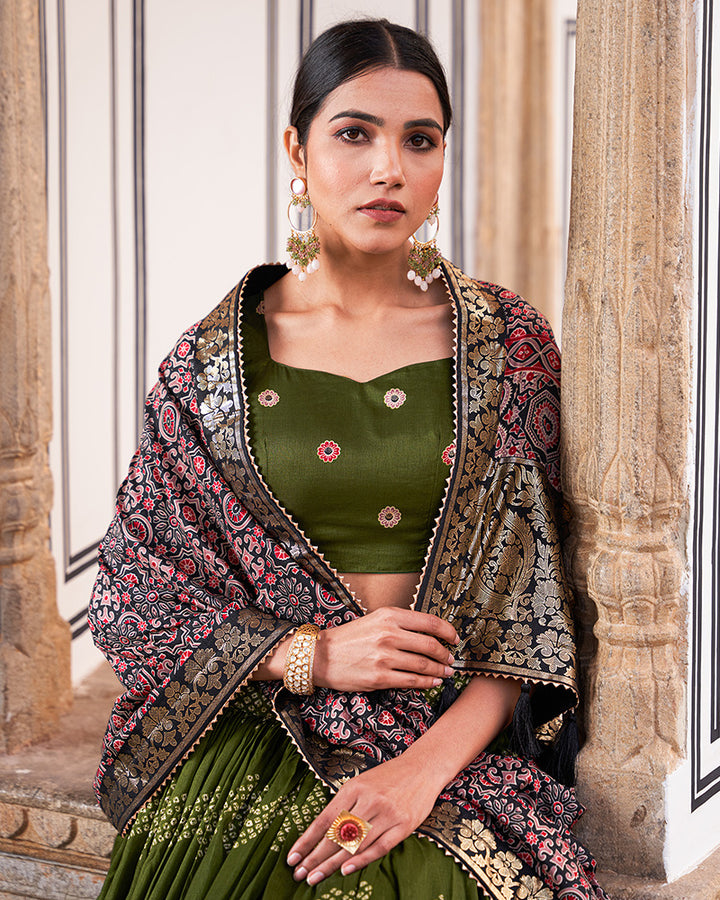 Green Color Ajarakh Printed Silk Designer Lehenga Choli