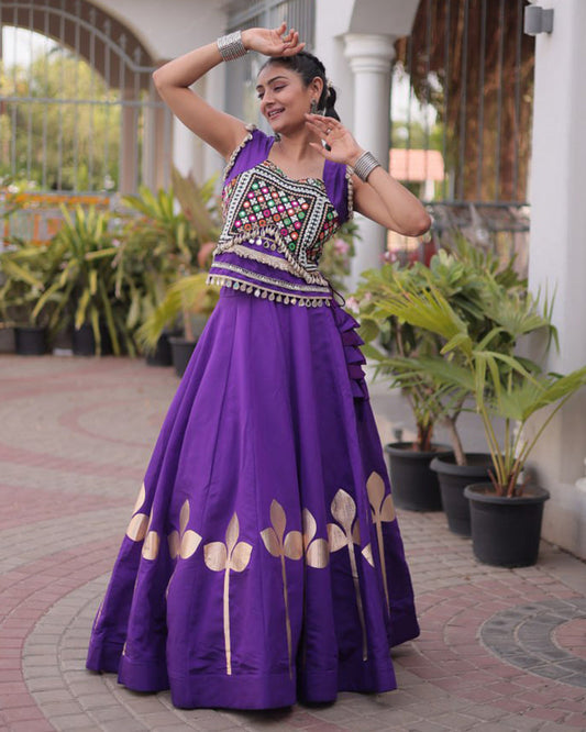 Six Color Roman Silk With Gota Patti Work Navratri Lehenga Set
