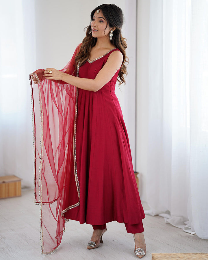 Designer Maroon Color Roman Chanderi Silk Anarkali Suit