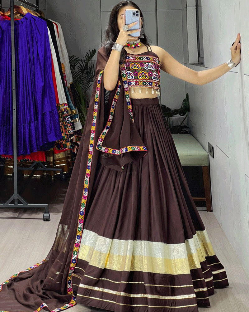 Chocolate Brown Color Rayon Cotton Navratri Lehenga Choli