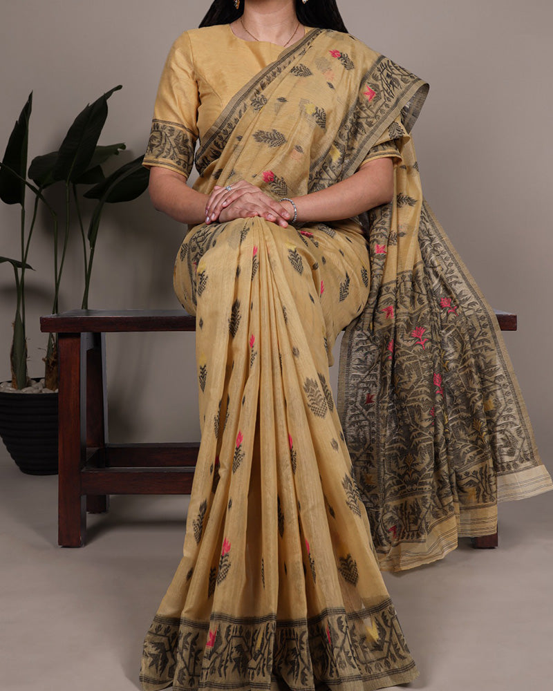 Yellow Color Thread Weaving Poly Cotton Saree