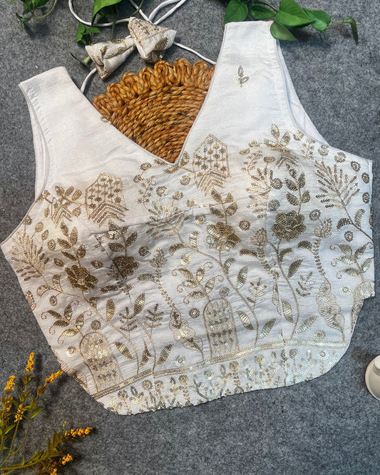 White Color Vichitra Silk Embroidered Blouse