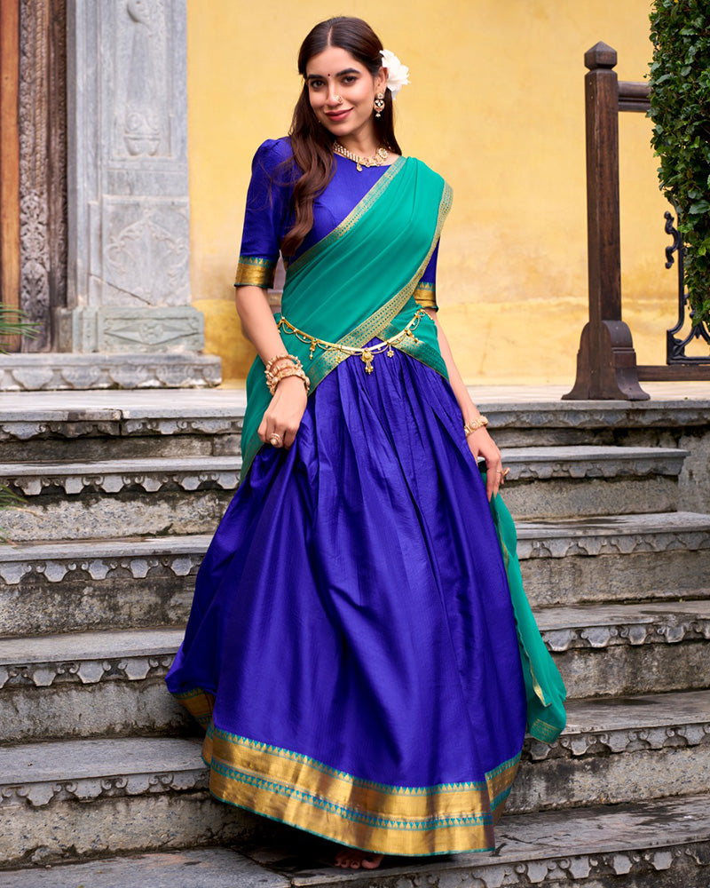 Designer Royal Blue Color Poly Cotton Half Saree