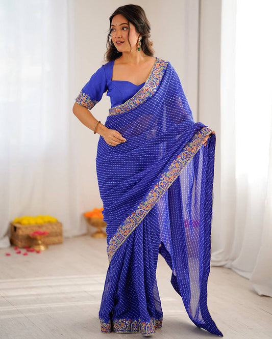 Blue Color Faux Georgette Bandhej Print Saree