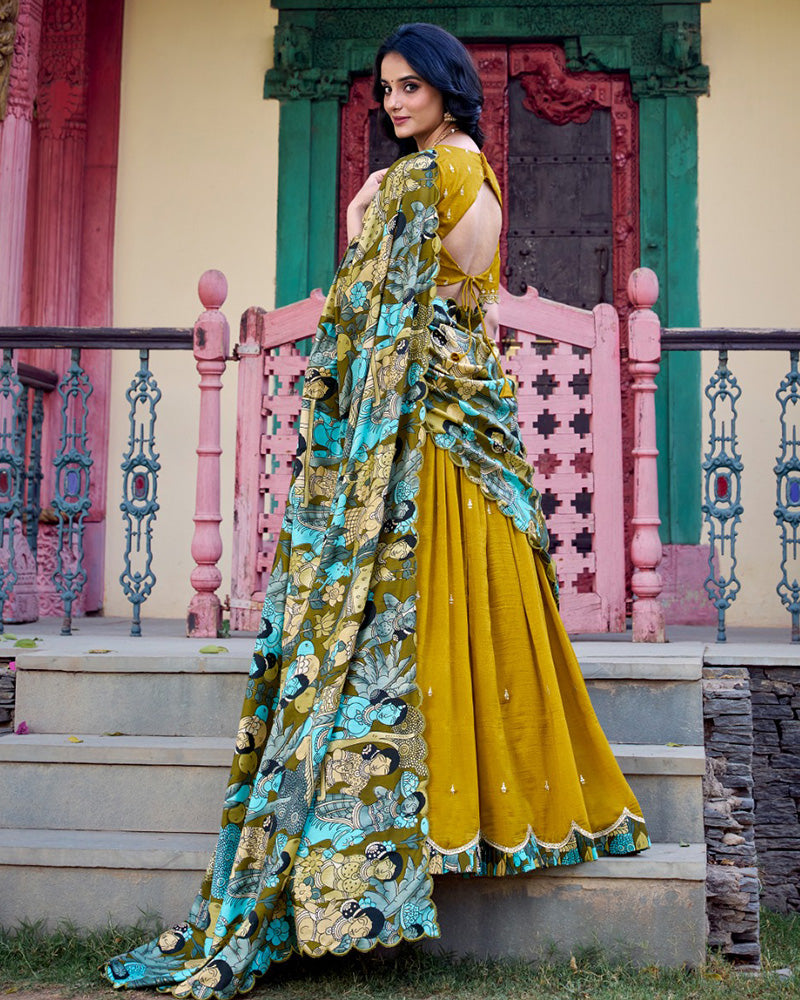 Designer Mustard Color Vichitra Silk Embroidered Lehenga Choli
