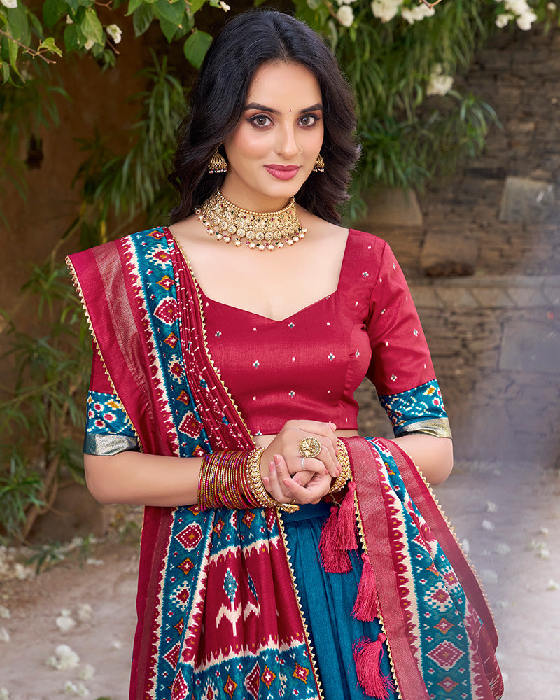 Designer Patola Printed Teal Green Color Tussar Silk Lehenga Choli