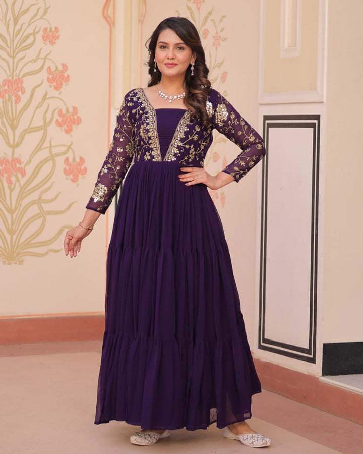 Royal Purple Gown With Exquisite Golden Embroidery
