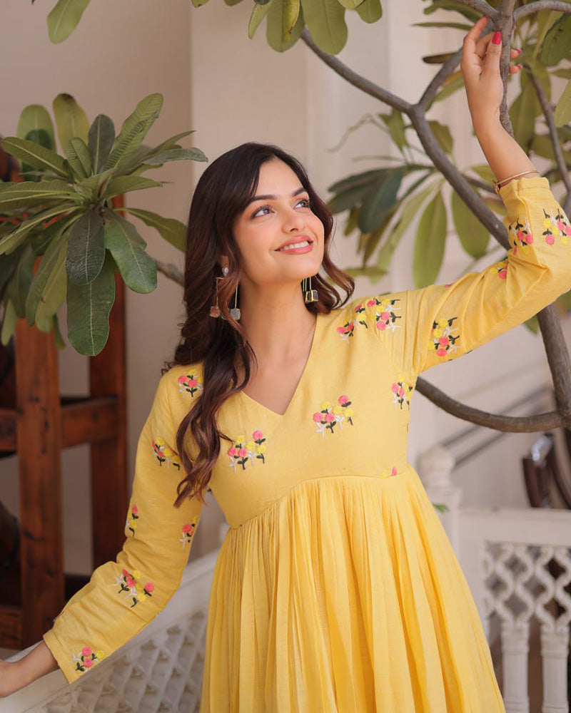 Yellow Color Pure Cotton Embroidered Kurti Suit