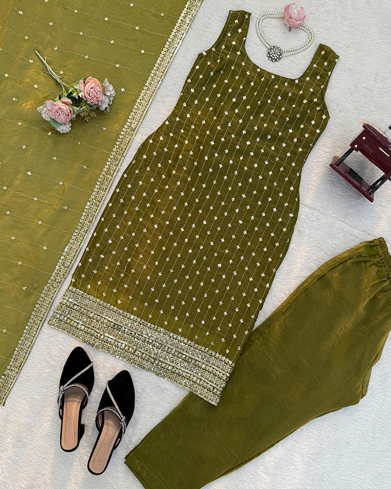 Mehndi Color Fendy Silk Embroidered Kurti Suit
