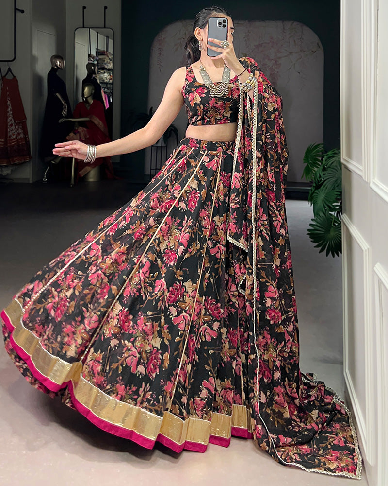 Black Color Chiffon Floral And Foil Printed Lehenga Choli