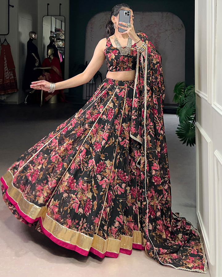 Black Color Chiffon Floral And Foil Printed Lehenga Choli