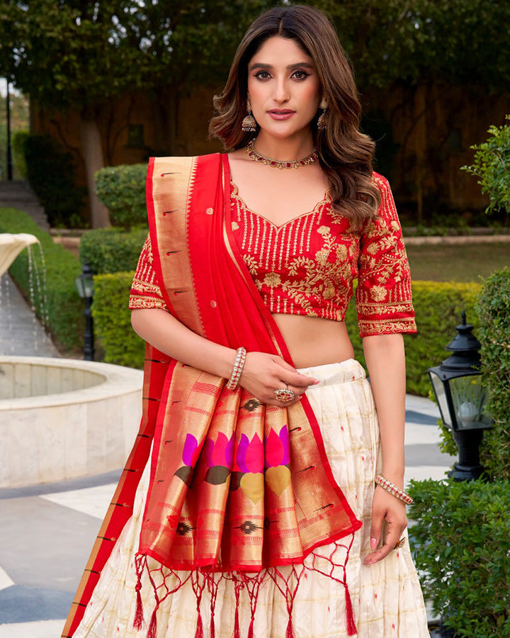 White Color Paithani Silk Embroidered Lehenga Choli