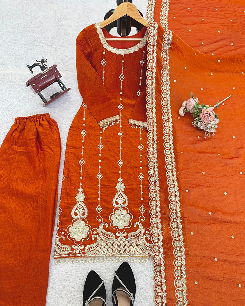 Rust Orange Color Fendi Silk Three Piece Kurti Suit