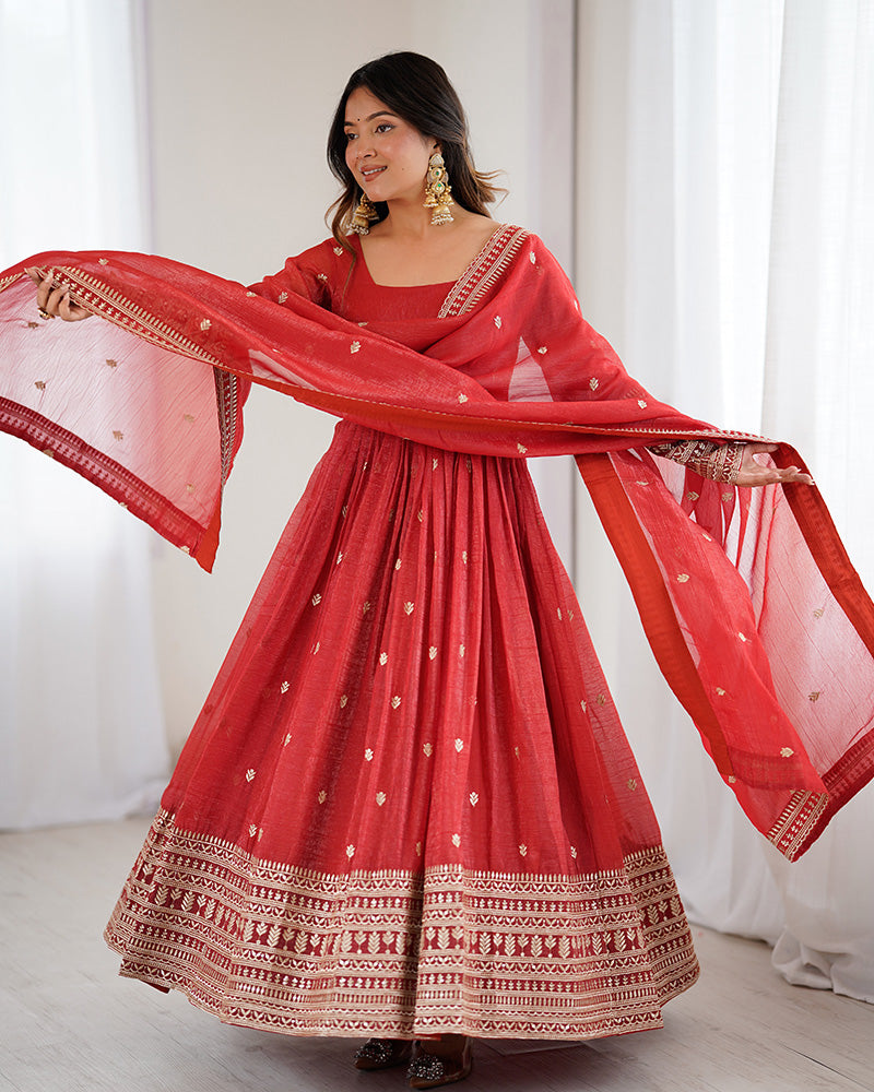 Rust Color Crunchy Silk Embroidered Gown