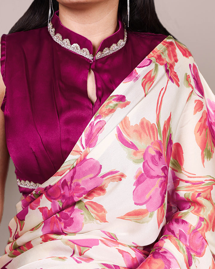 Pink Color Satin Silk Floral Printed Saree