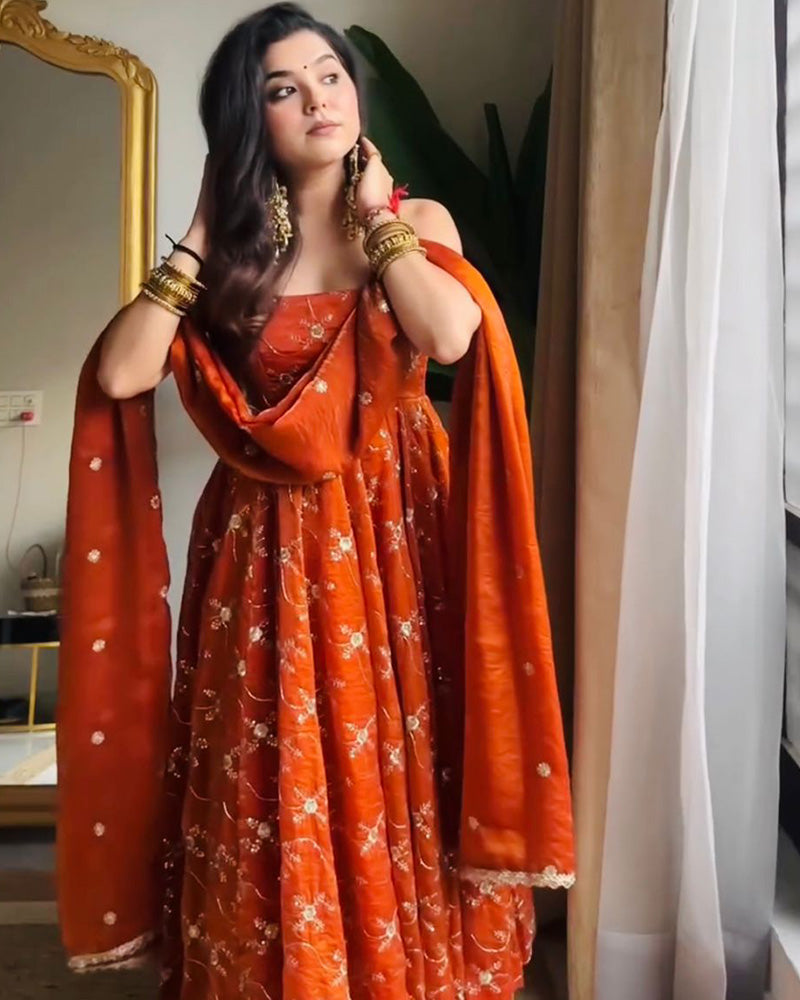 Orange Color Fendi Silk Three Piece Anarkali Suit