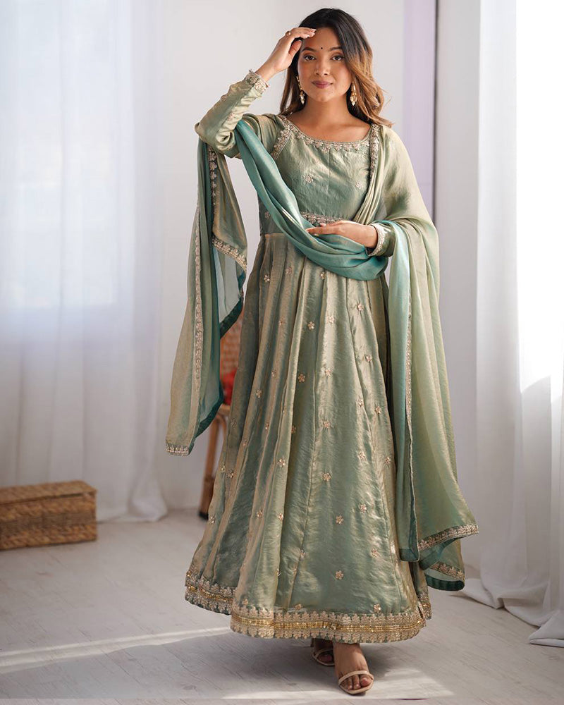 Navy Blue Color Fendi Silk Thread Embroidered Anarkali Suit