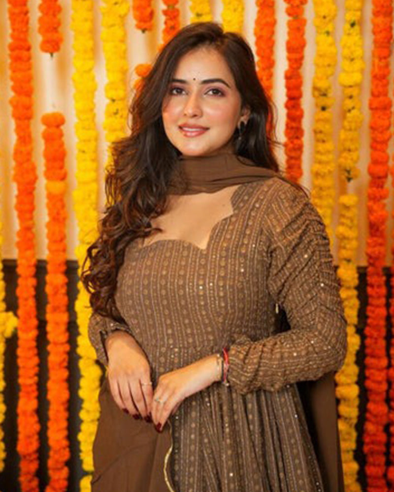 Brown Color Pure Georgette Embroidered Gown