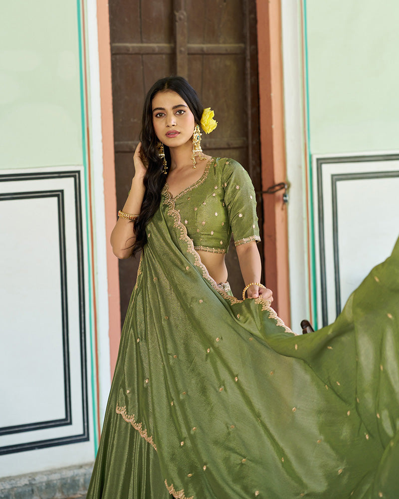 Designer Pista Color Chinon Embroidered Lehenga Choli